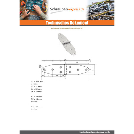 1 x Scharnier Doppelt Oval 8 Loch Edelstahl A2 185x92,5