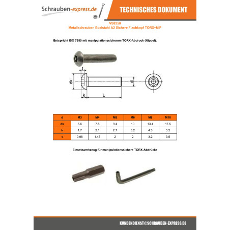 1 x Metallschrauben Edelstahl A2 Sichere Flachkopf TORX T45 mit Zapfen M10X70