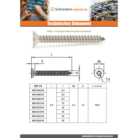 1 x Blechschraube Senkkopfschraube 5,5 x 70 T25 Edelstahl A4
