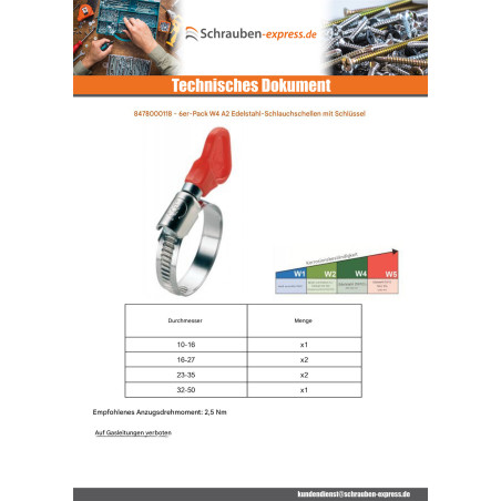 1 x Tüte Von 6 Schlauchschelle für Schlüssel Edelstahl W4