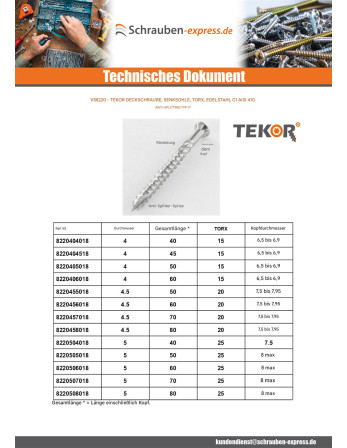 1 x Terrassenschrauben TEKOR Flacher Senkkopf...