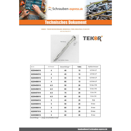 1 x Terrassenschrauben TEKOR Flacher Senkkopf T15 4x40 cut Bohrspitze mit Typ 17 Spitze Edelstahl Edelstahl C1 AISI 410