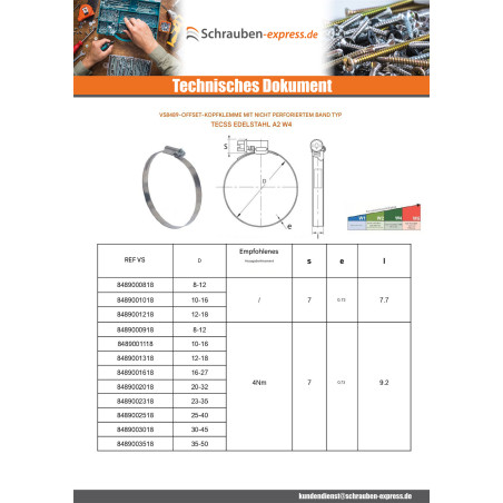 1 x Schlauchschelle versetzter Kopf unperforiertes Band mit 12 Durchmesser 70 für 90 Edelstahl W4