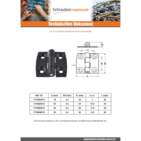 1 x Scharnier Viereckig 50x50 schwarzes Nylon