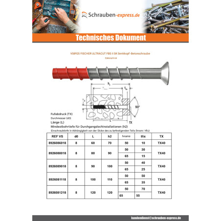 1 x Betonschraube Senkkopfschraube FISCHER ULTRACUT FBS II SK 10x100 Edelstahl A4