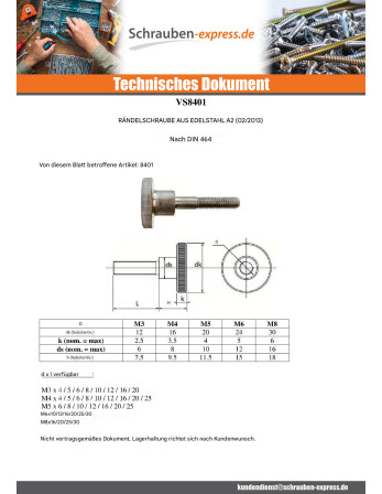 1 x Metallschrauben Gerändelt M4x6 Edelstahl A2