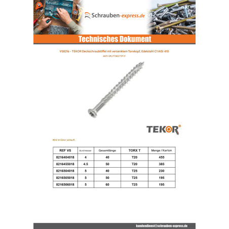 1 x Eimer mit 385 Terrassenschrauben TEKOR 4,5 x 50 cut Bohrspitze mit Typ 17 Spitze Edelstahl C1 AISI 410