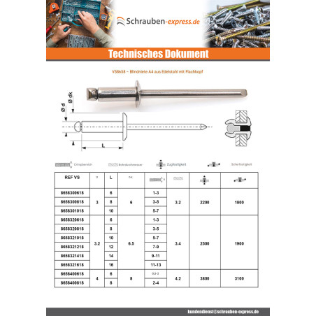 1 x Niet Blind Alle Edelstahl A4 Flachkopf 4x16