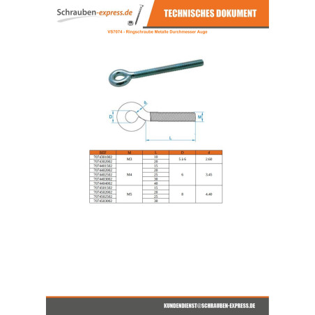 1 x Ringschraube Metalle M10x25 Durchmesser Auge 15 Verzinkt