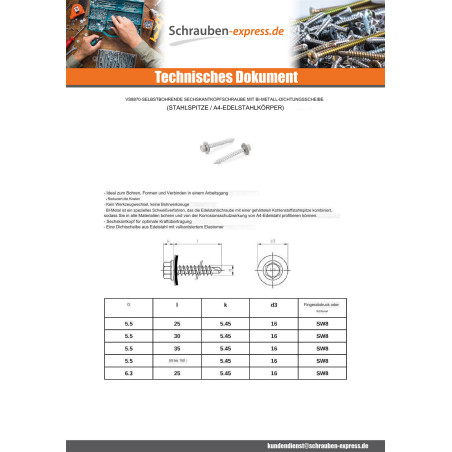 1 x Selbstbohrende Schrauben Bimetall Stahl / Edelstahl A4 Sechskantkopf Scheibe mit EPDM Neopren-Dichtung 5,5 x 35