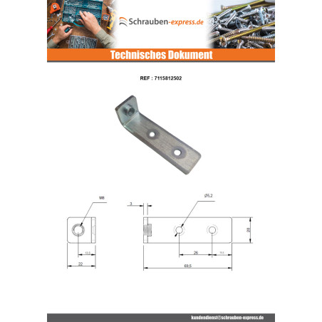 1 x Befestigungswinkel Loch Gebohrt M7X150 Verzinkt
