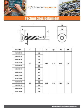 1 x Selbstbohrende Schrauben Senkkopfschraube...
