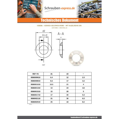 1 x Kugelausgleichsscheiben form C Edelstahl A2 6,4 x 12 x 2,3