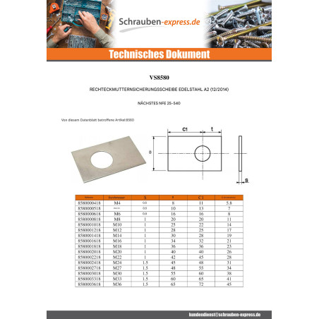 1 x Sicherung D Muttern RECHTECK Von Durchmesser M5 Edelstahl A2