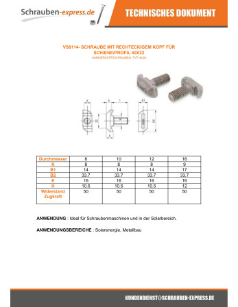 1 x Metallschrauben Rechteckiger Kopf 14 x 33,7...