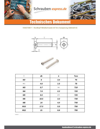 1 x Metallschrauben Kopf Flachkopf T50 M10x45...