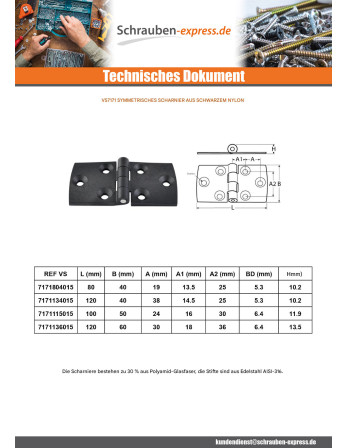 1 x Scharnier symmetrisch 80x40 schwarzes Nylon