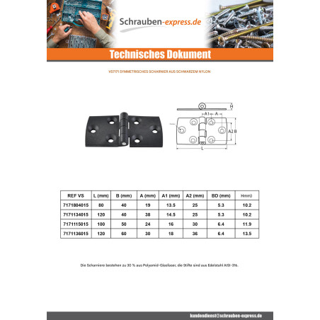 1 x Scharnier symmetrisch 80x40 schwarzes Nylon