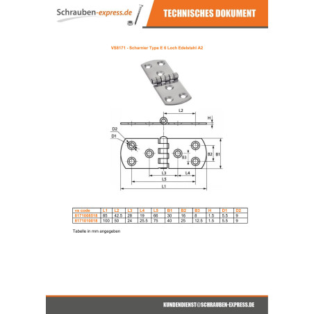 1 x Scharnier Type E 6 Loch Edelstahl A2 85x30