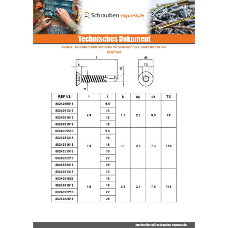 1 x Selbstbohrende Schrauben Senkkopfschraube 4,8 x 16 T25 Edelstahl AISI 410