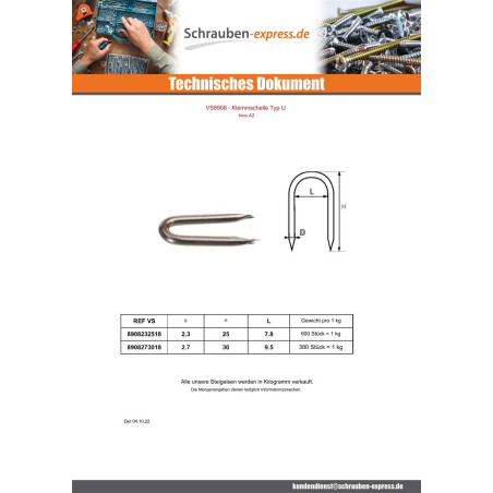 1 x KG Krampen Edelstahl A2 2,7 x 30