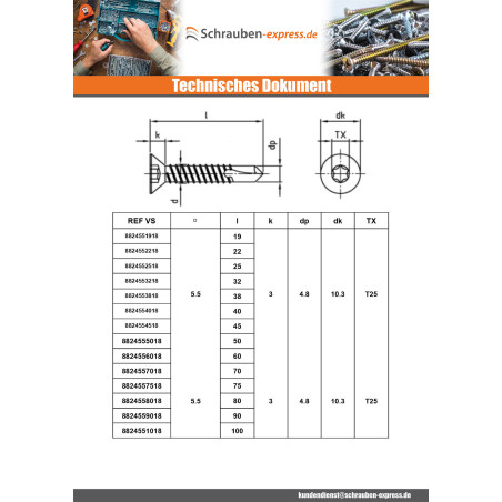 1 x Selbstbohrende Schrauben Senkkopfschraube 4,8 x 28 T25 Edelstahl AISI 410