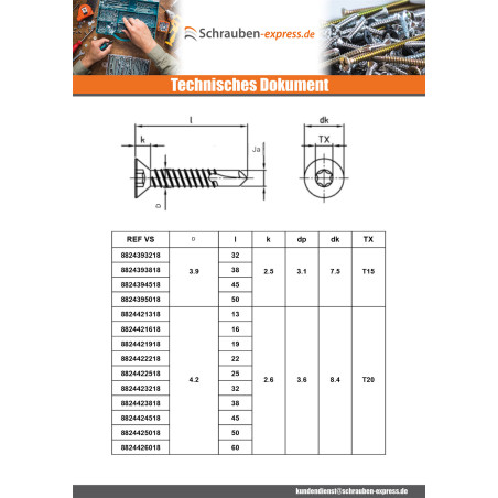 1 x Selbstbohrende Schrauben Senkkopfschraube 2,9 x 9,5 T8 Edelstahl AISI 410