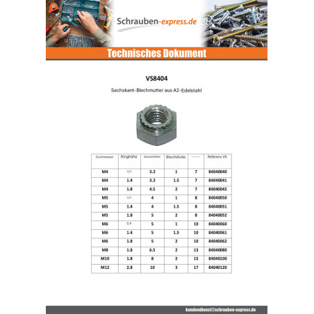 1 x Sechskant-Blechmutter M12 Edelstahl A2 Schwarz Materialdicke 3