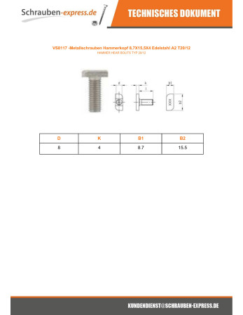 1 x Metallschrauben Hammerkopf 8,7 x 15,5 x 4...