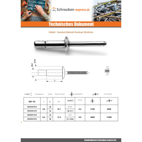 1 x Blindniet HIGHBOLT Standard-Rundkopf Voll Edelstahl 4,8 x 10