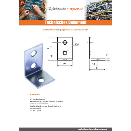 1 x Befestigungswinkel 31x20x21 Verzinkt