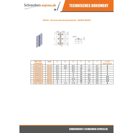 1 x Scharnier Rechteckig 60x35 Edelstahl