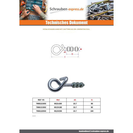 1 x Haken SWING +3 Muttern Verzinkt M12x180