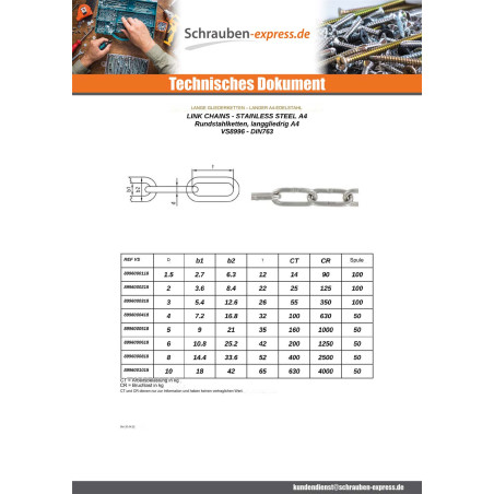 1 x M Kette für E-MAIL langer Durchmesser 6 Edelstahl A4 (Meterware)