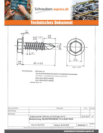 1 x Selbstbohrende Schrauben Sechskantkopf 6,3...