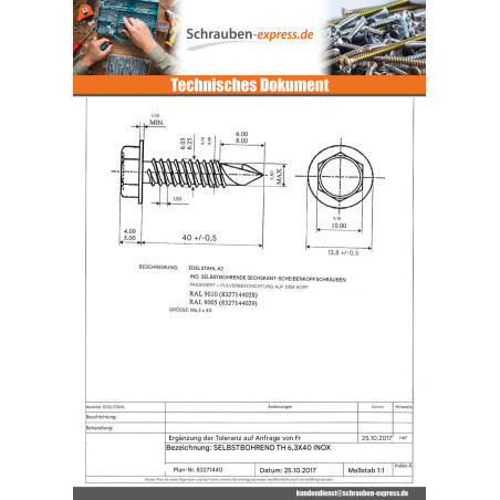 1 x Selbstbohrende Schrauben Sechskantkopf 6,3 x 40 Edelstahl A2 RAL9005 tiefschwarz