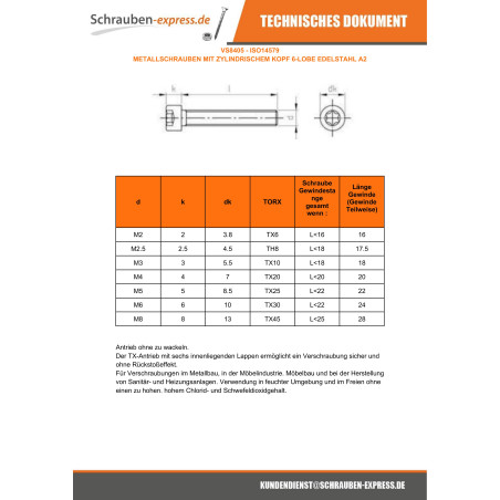 1 x Metallschrauben Zylindrischer Flachkopf T25 Edelstahl A2 M5X35 Mit Gewinde 22