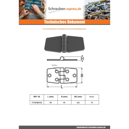 1 x Scharnier Mit Abdeckkappe Schraube 79X41 schwarzes Nylon