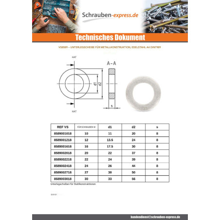 1 x Scheiben/Unterlegscheibe KONSTRUKT Metallisch Edelstahl A4 M16x30x8