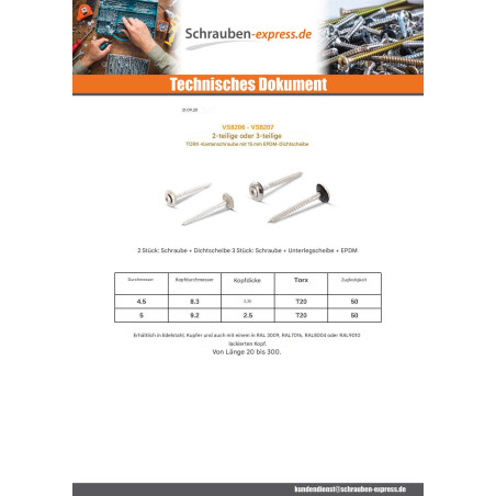 1 x Holzschrauben Flacher Senkkopf T20 Edelstahl A2 RAL9010 reinweiß 4,5 x 100RD.EPDM