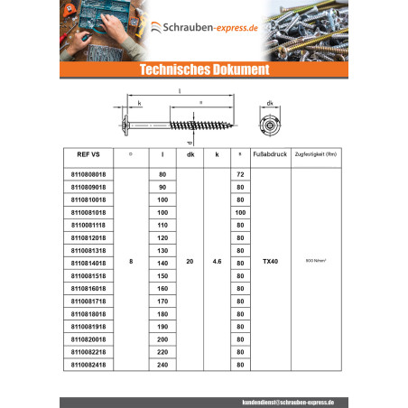 1 x Spanplattenschrauben Edelstahl A2 4,5 x 45 Mit Gewinde 30 T20 Kopf-Durchmesser 13