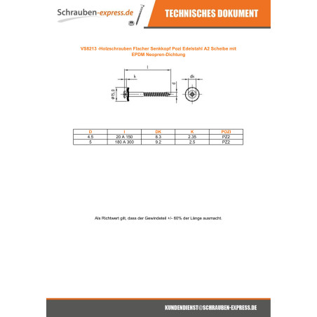 1 x Holzschrauben Flacher Senkkopf Pozi Edelstahl A2 Scheibe mit EPDM Neopren-Dichtung 4,5 x 80