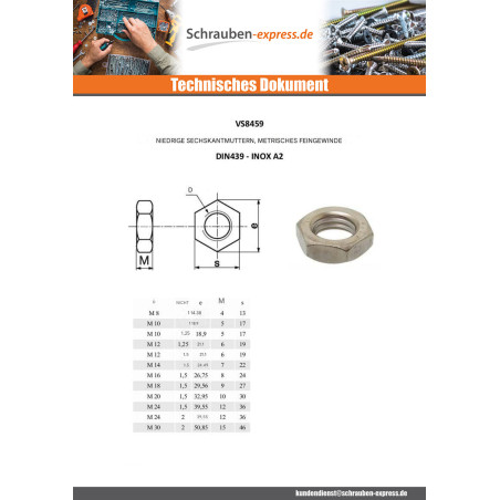 1 x Sechskant-Flachmutter/Kontermutter Edelstahl A2 M24 Feingewinde gewinde 150
