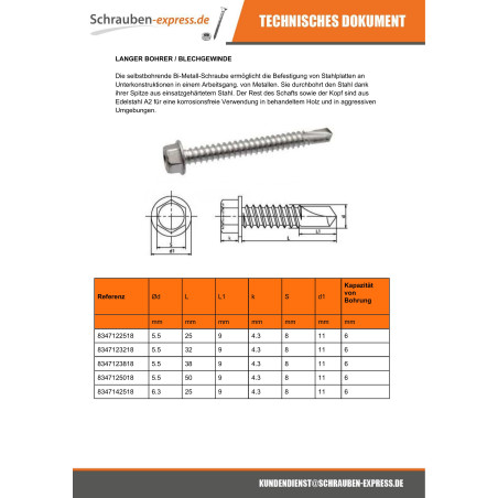 1 x Selbstbohrende Schrauben Bimetall Sechskantkopf Kreuzschlitz mit Flansch Bohrer langer 5,5 x 32
