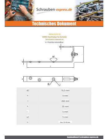 1 x Haken Von für Dächer VARIO 260 x 30 x 60 /5...