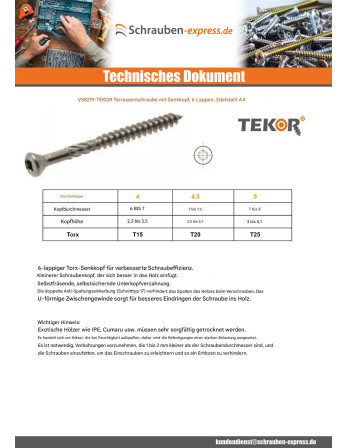 1 x Terrassenschrauben TEKOR Flacher Senkkopf...