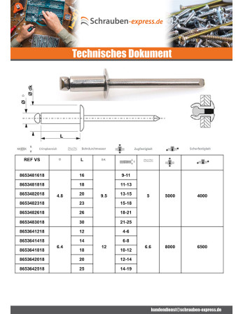1 x Blindniet Voll Edelstahl TRS 6,4 x 18...