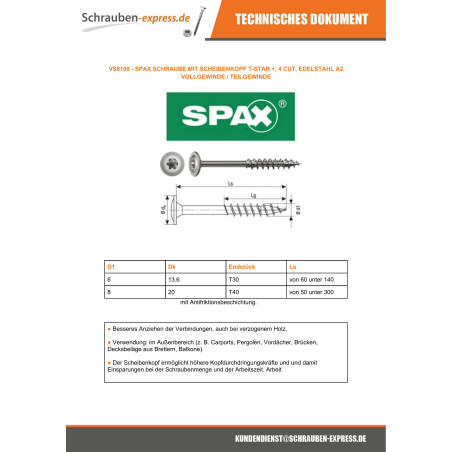 1 x Spax Spanplattenschrauben Edelstahl A2 8x220 Mit Gewinde 80 T40
