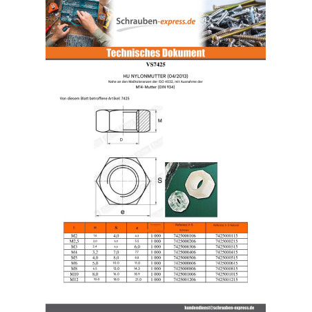1 x Muttern natürlich nylon Sechskant M2.5