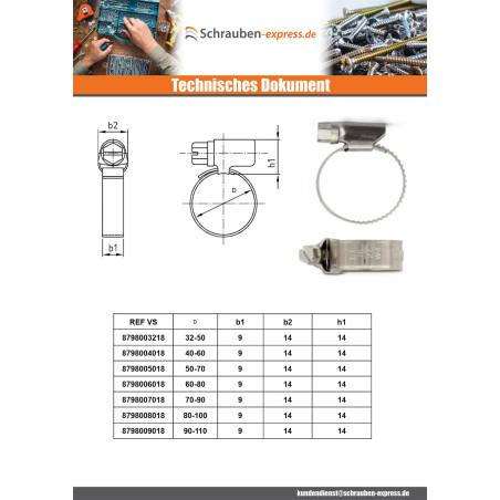 1 x Schlauchschelle Edelstahl W5 Durchmesser 50 für 70 Bandbreite 12